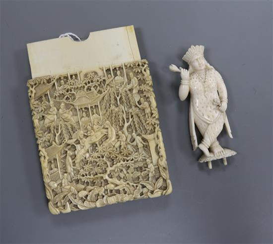 A Chinese ivory card case lacking cover and an Indian ivory figure